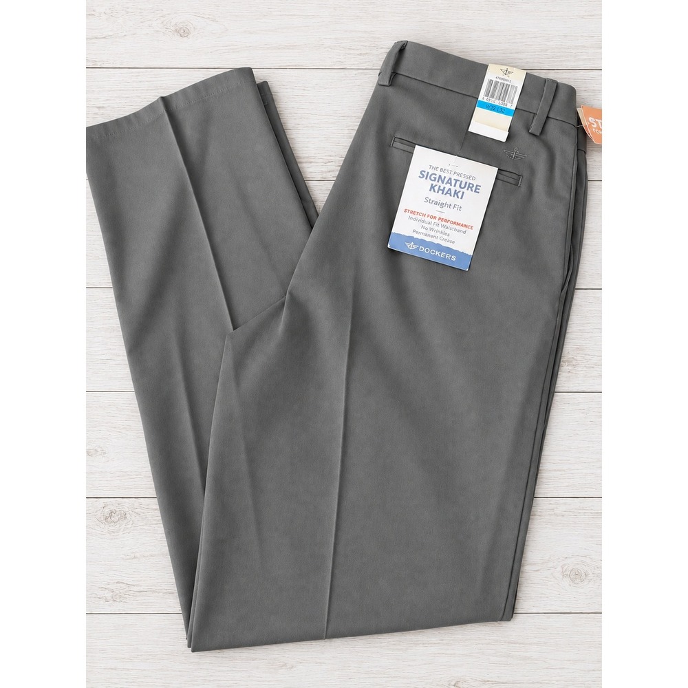 Dockers Signature Khaki Straight Fit Stretch Performance Pants Grey W36 L34 NWT